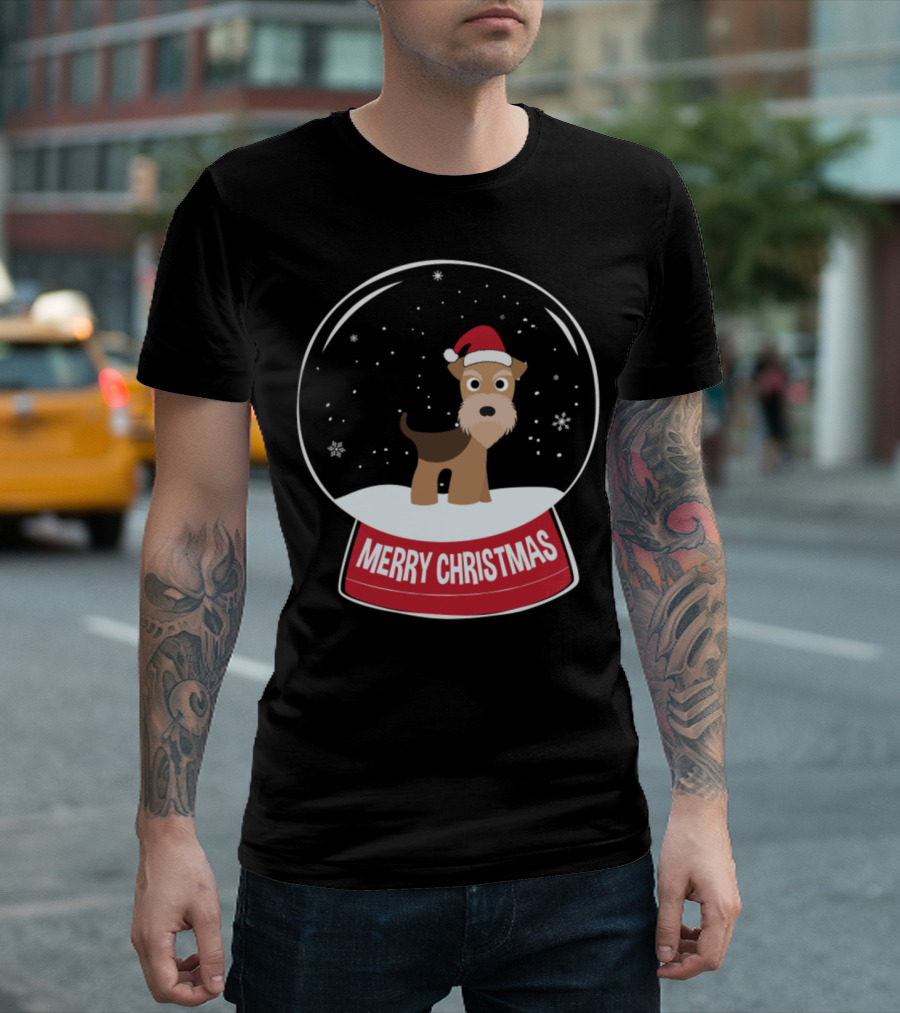 Airedale Merry Christmas Snow Globe Santa Hat T-Shirt