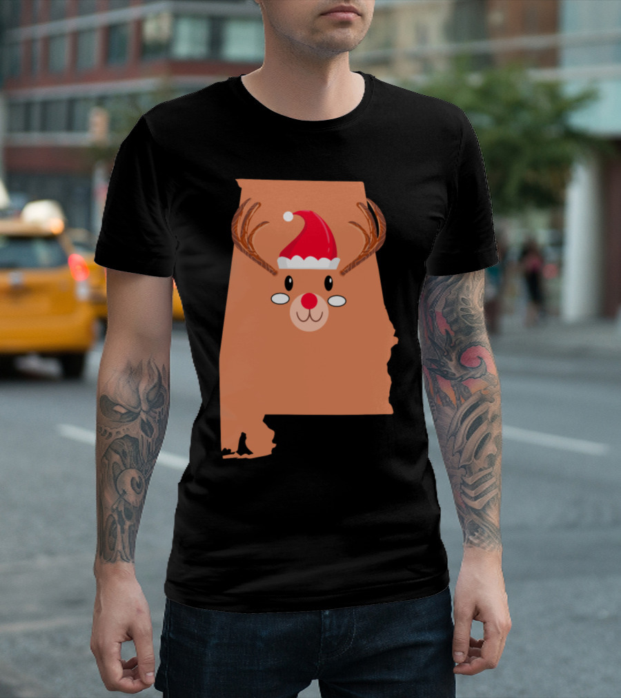 Alabama Map Santa Hat Antlers Red Nose Reindeer Christmas T-Shirt