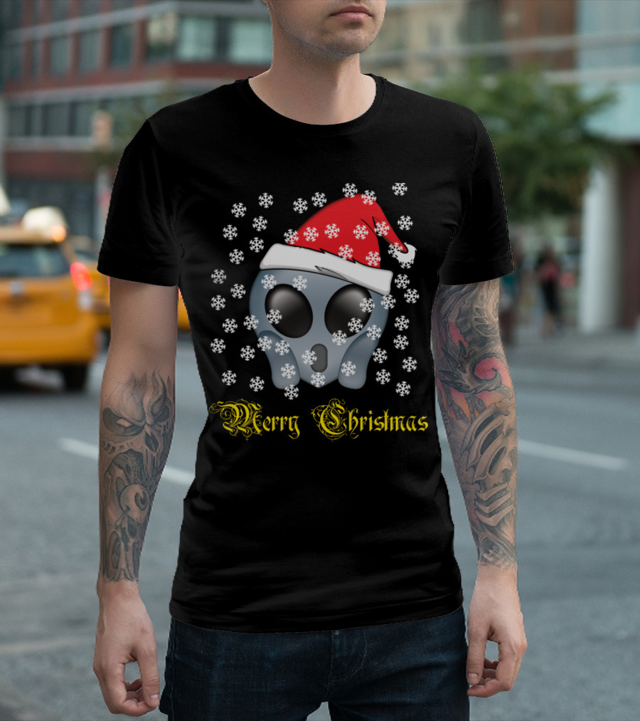 Merry Christmas Alien Santa Hat Snow Background T-Shirt