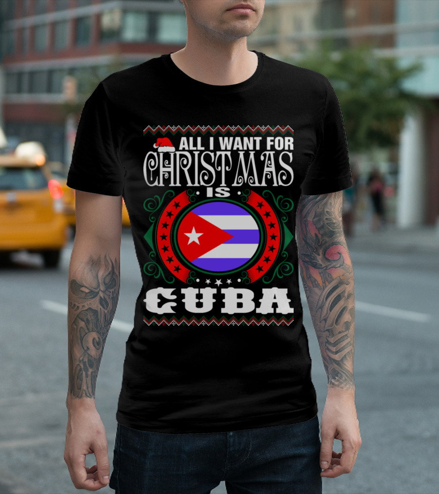 All I Want For Christmas Is Cuba Flag Santa Hat Circle Ornaments T-Shirt