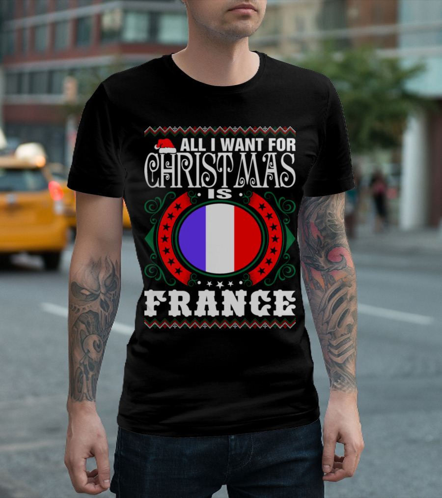 Christmas Wish for France with Santa Hat and French Flag in Red Green Decor T-Shirt