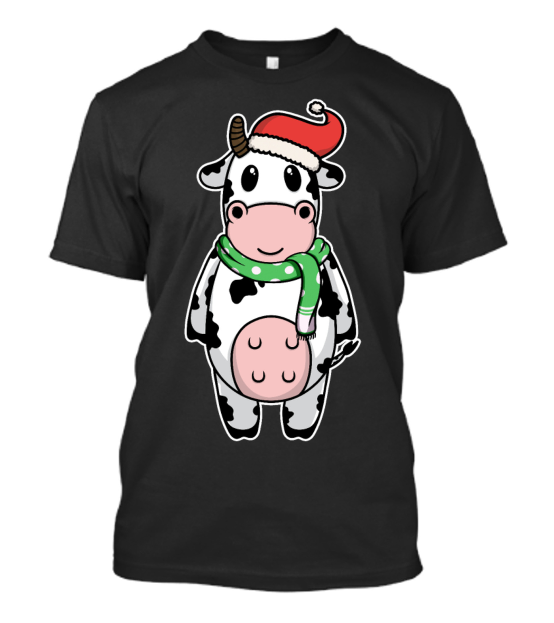 Cow In Santa Hat With Green Scarf Christmas Winter T-Shirt