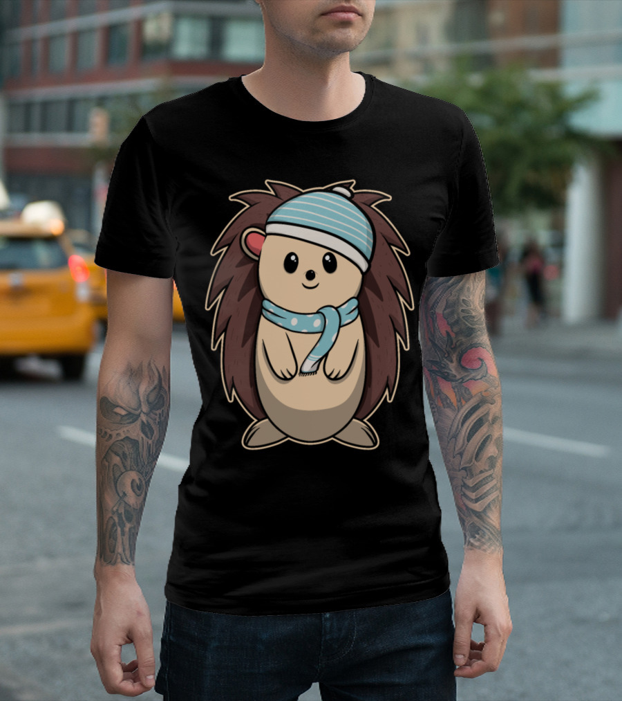Cute Hedgehog with Winter Hat and Scarf Christmas T-Shirt