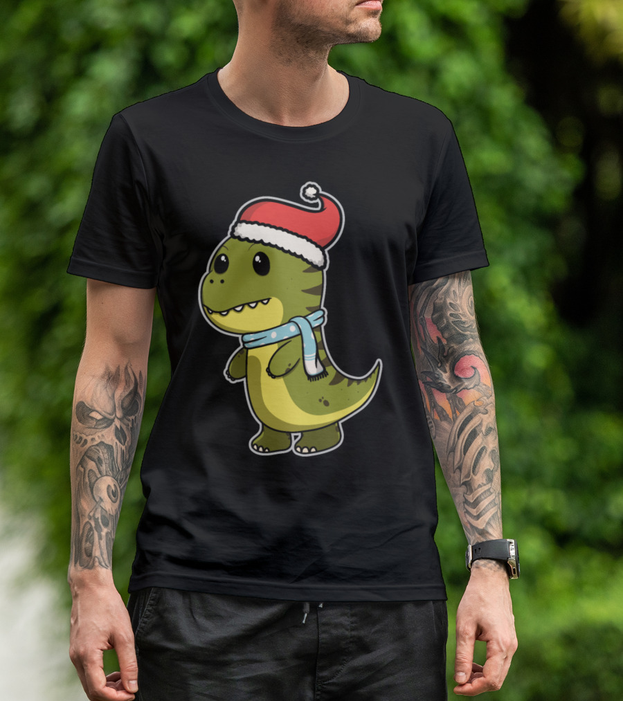 Cute Dinosaur Christmas With Santa Hat And Winter Scarf T-Shirt