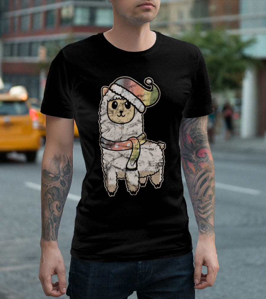 Childs Vintage Lama Alpaka with Rainbow Hat and Scarf T-Shirt