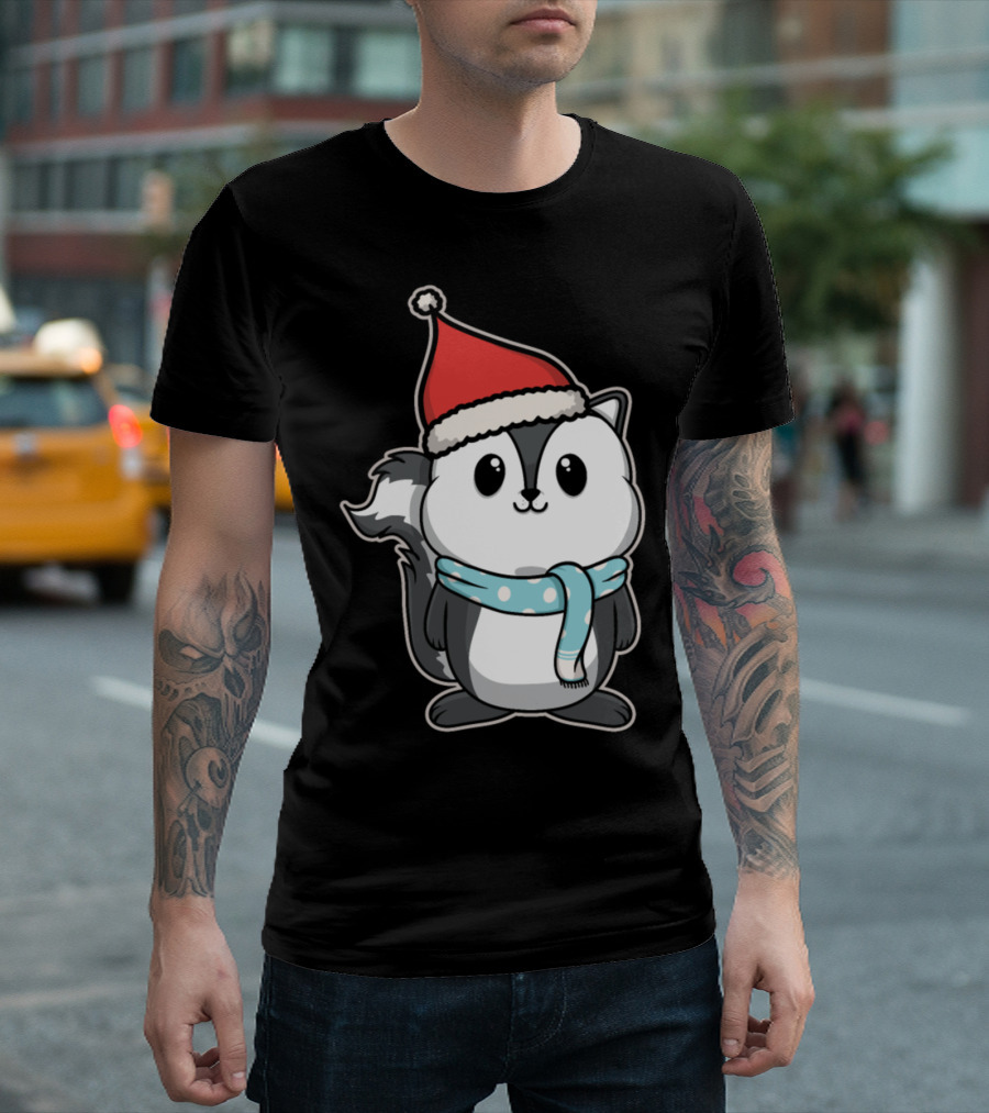 Animal Kid Skunk Christmas Winter Santa Hat Scarf T-Shirt