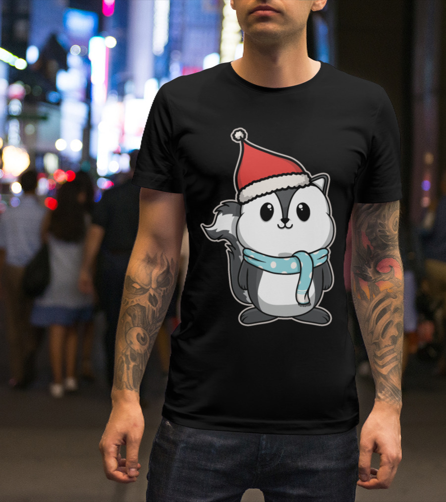 Animal Kid Skunk Christmas Winter Santa Hat Scarf T-Shirt