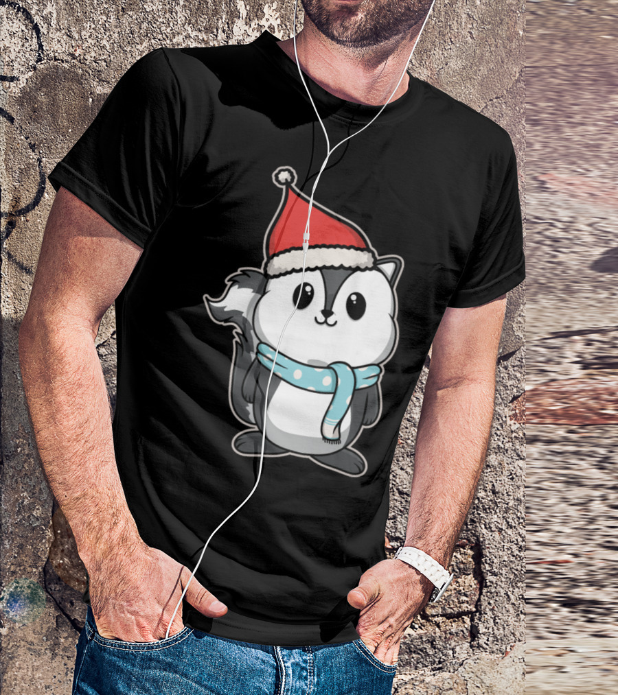 Animal Kid Skunk Christmas Winter Santa Hat Scarf T-Shirt