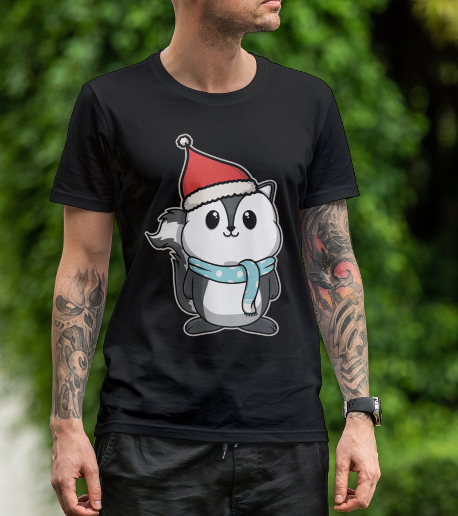Animal Kid Skunk Christmas Winter Santa Hat Scarf T-Shirt