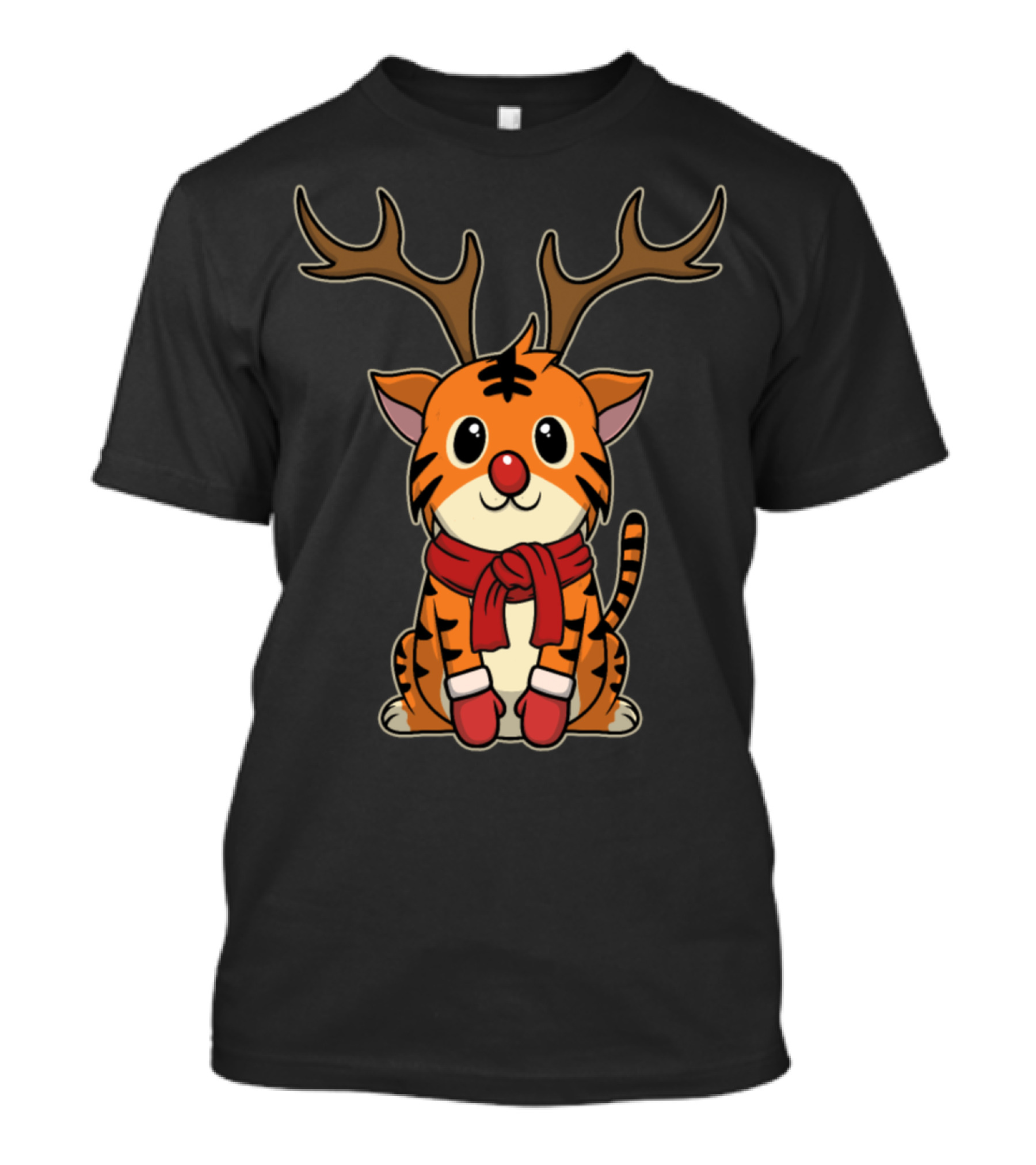 Animal Kid Tiger Deer Christmas Winter Reindeer Antlers Scarf Rudolph Nose T-Shirt