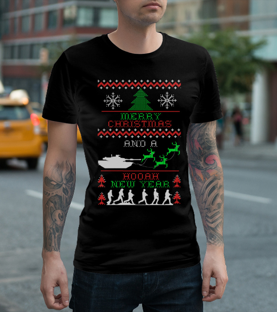 Merry Christmas Hooah New Year Army Tank Reindeer T-Shirt