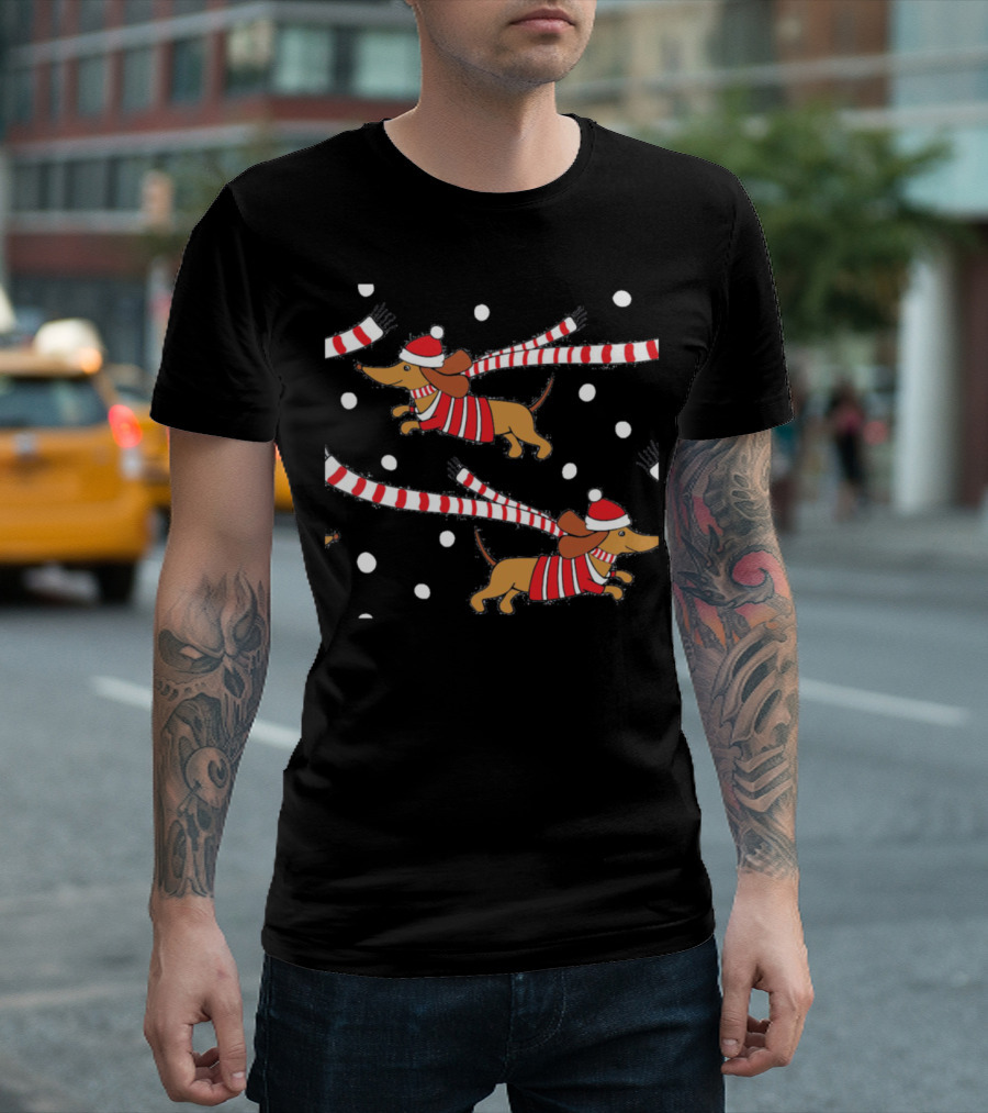 Awesome Dachshund Winter Snow Run with Striped Scarf and Hat T-Shirt