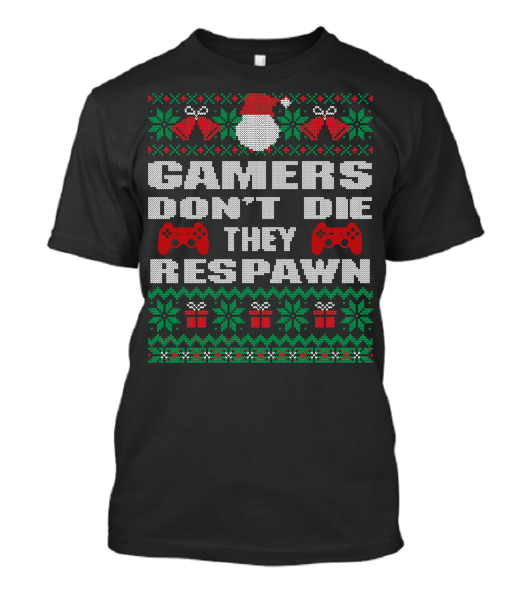 Gamers Don't Die They Respawn Christmas Controller Santa Hat Snowflakes T-Shirt