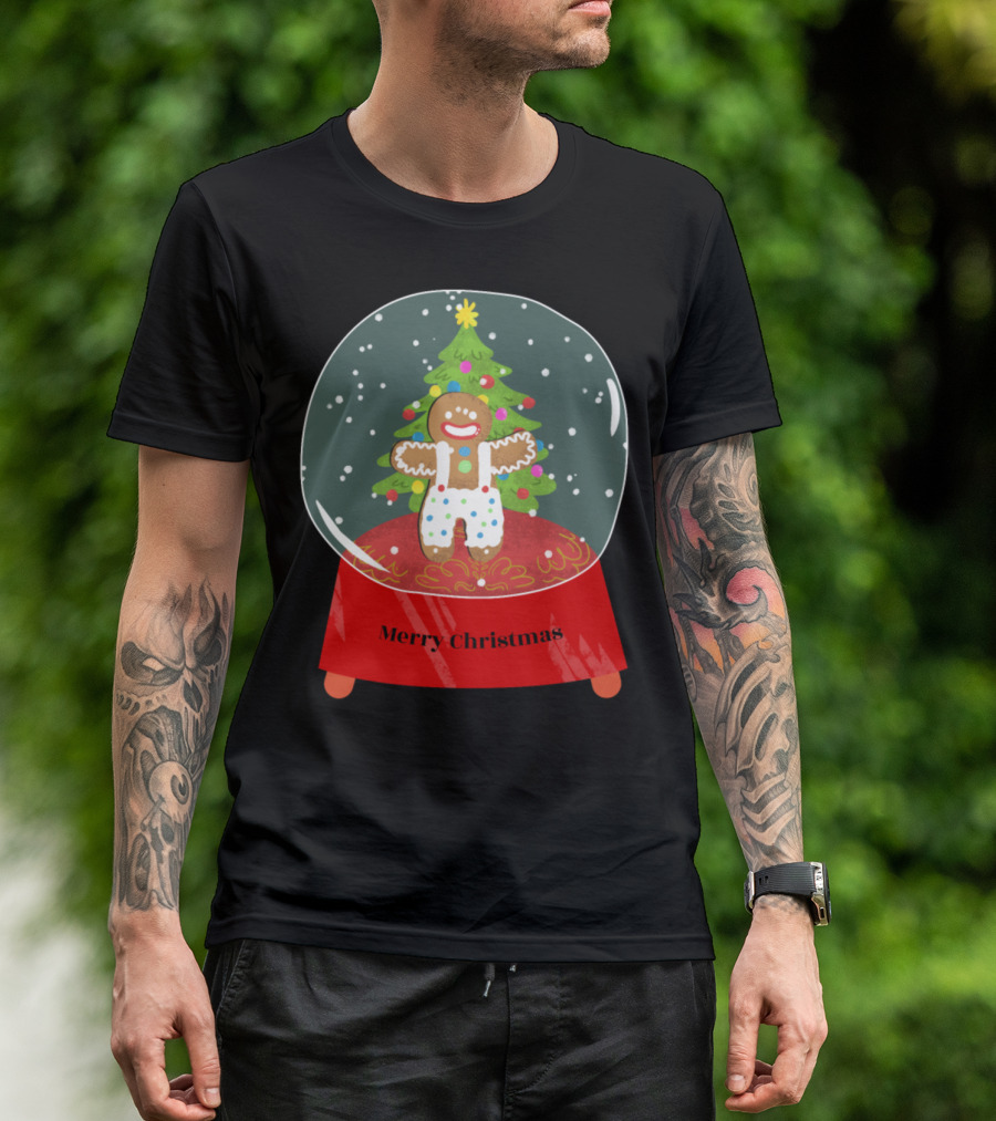 Merry Christmas Gingerbread Snow Globe With Festive Tree T-Shirt