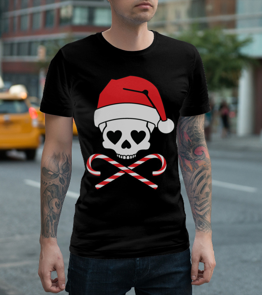 Skull with Heart Eyes Santa Hat and Crossed Candy Canes T-Shirt