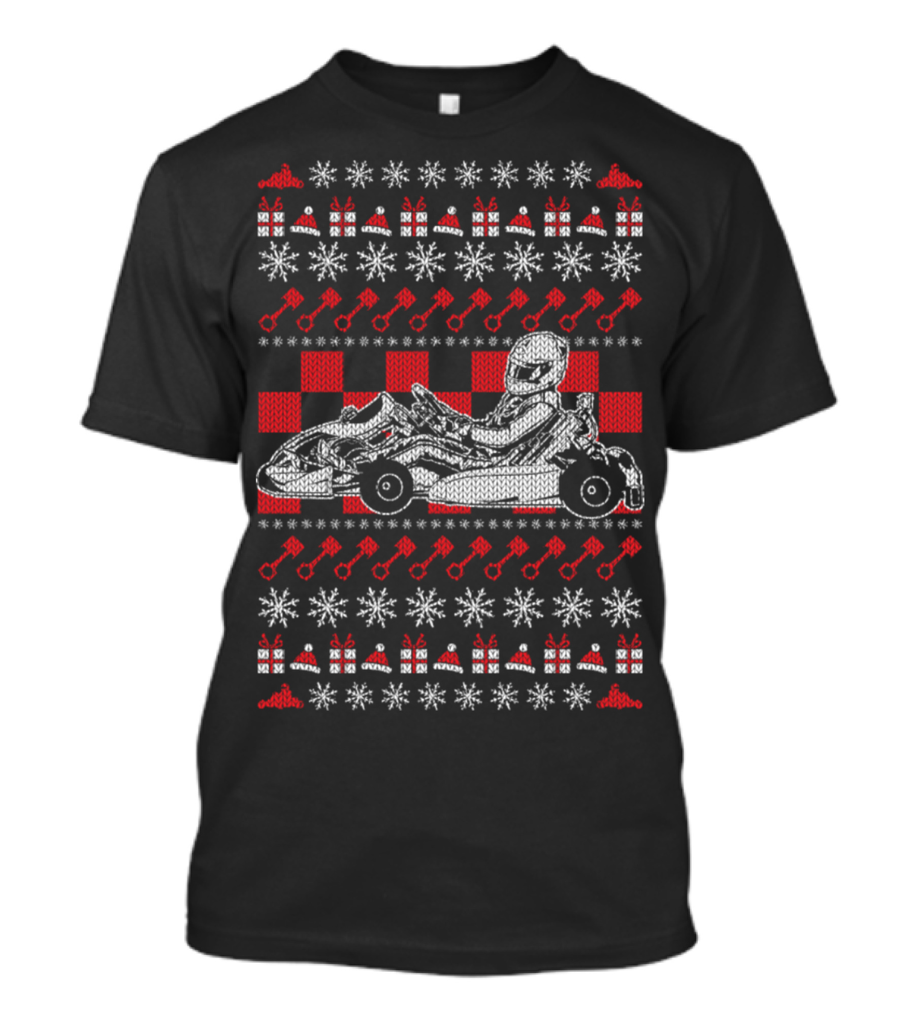Christmas Ugly Sweater Go Kart Racing Snowflakes And Wrenches T-Shirt