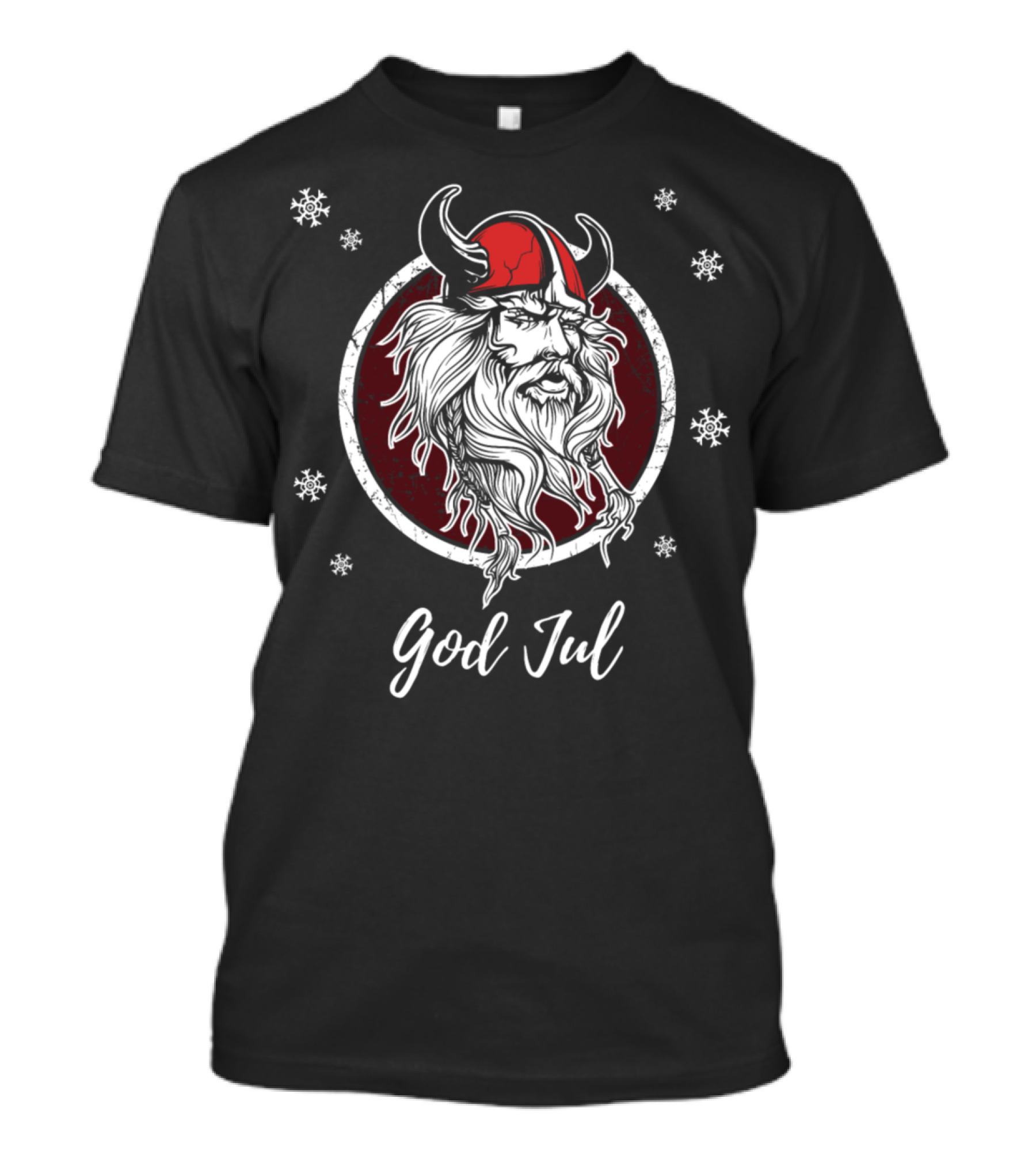 God Jul Viking Santa With Snowflakes Norway Sweden Merry Christmas T-Shirt