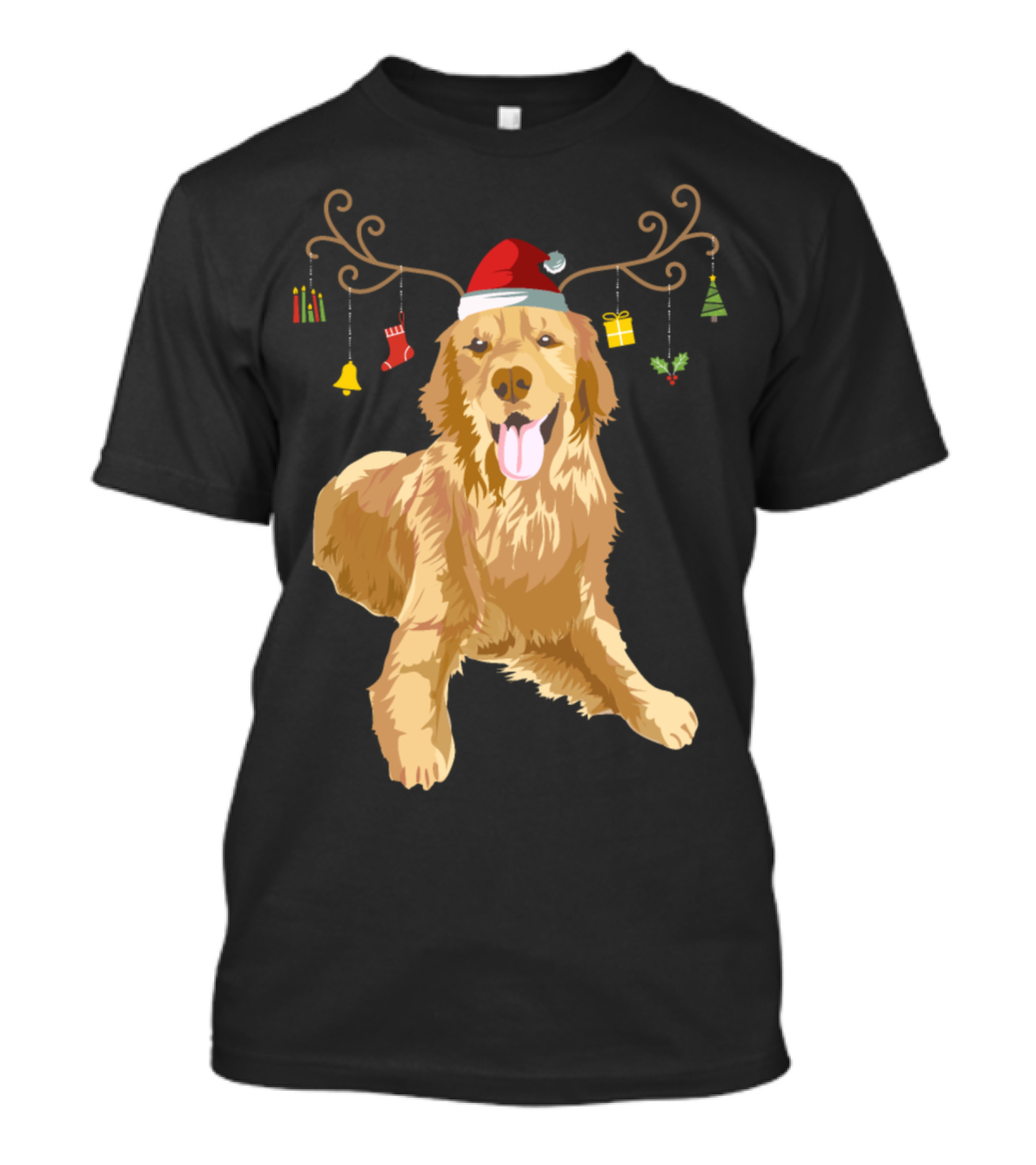 Golden Retriever Antler Reindeer Santa Hat Christmas Dog T-Shirt