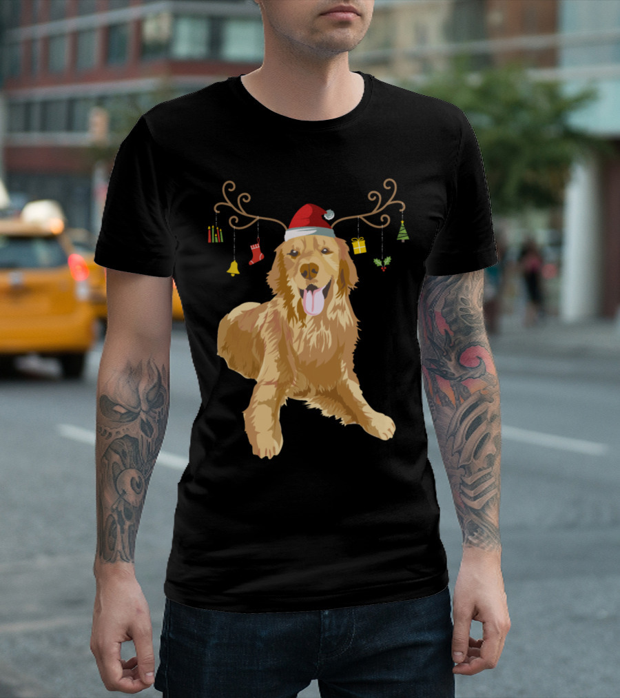 Golden Retriever Antler Reindeer Santa Hat Christmas Dog T-Shirt