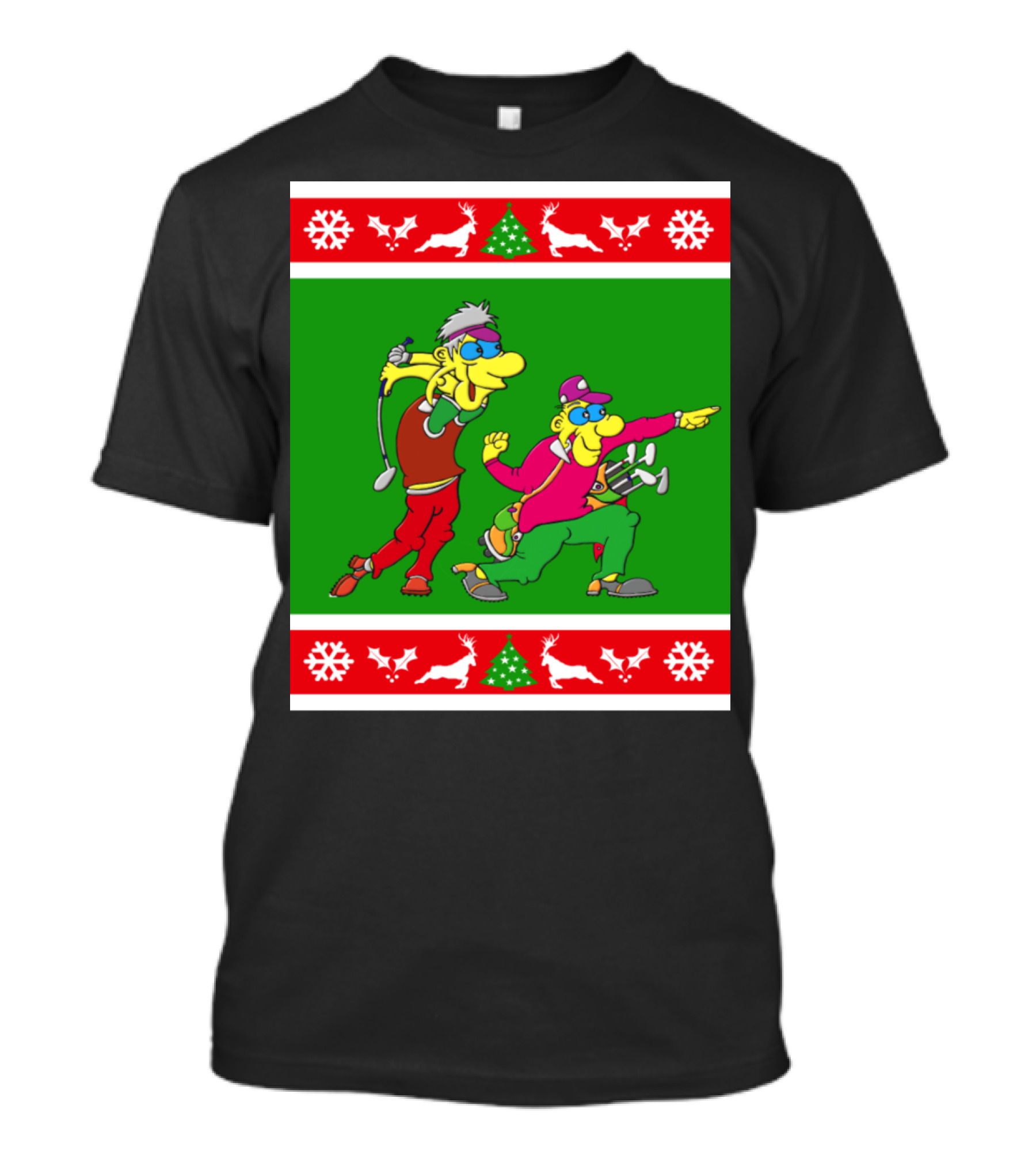 Golfer Present Ugly Christmas Golf Cartoons Snowflakes Reindeer Trees T-Shirt