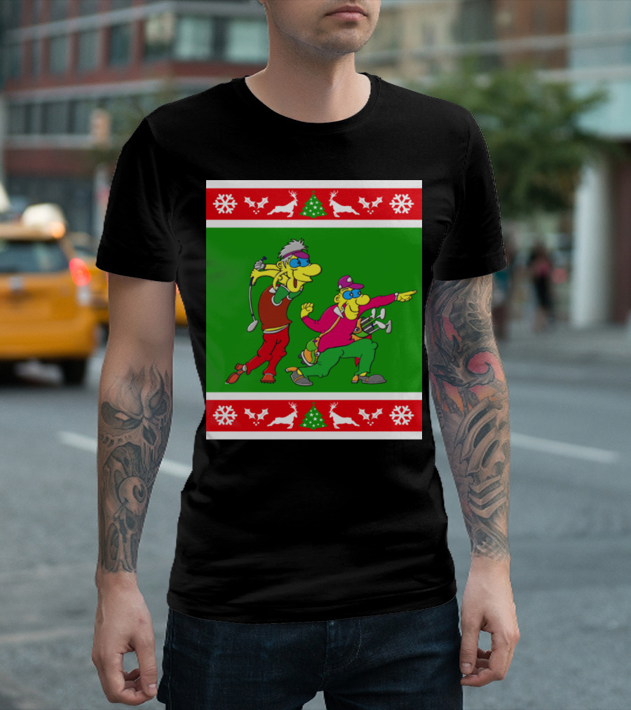 Golfer Present Ugly Christmas Golf Cartoons Snowflakes Reindeer Trees T-Shirt