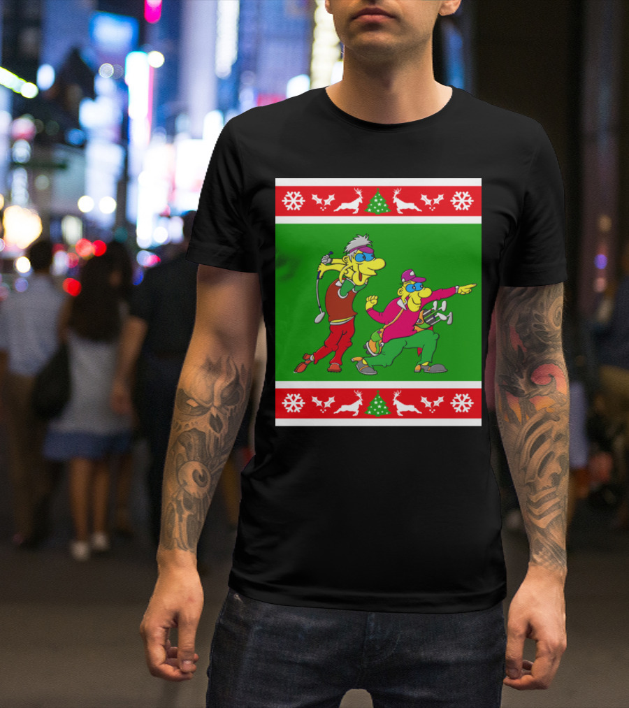 Golfer Present Ugly Christmas Golf Cartoons Snowflakes Reindeer Trees T-Shirt