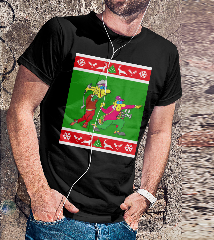 Golfer Present Ugly Christmas Golf Cartoons Snowflakes Reindeer Trees T-Shirt