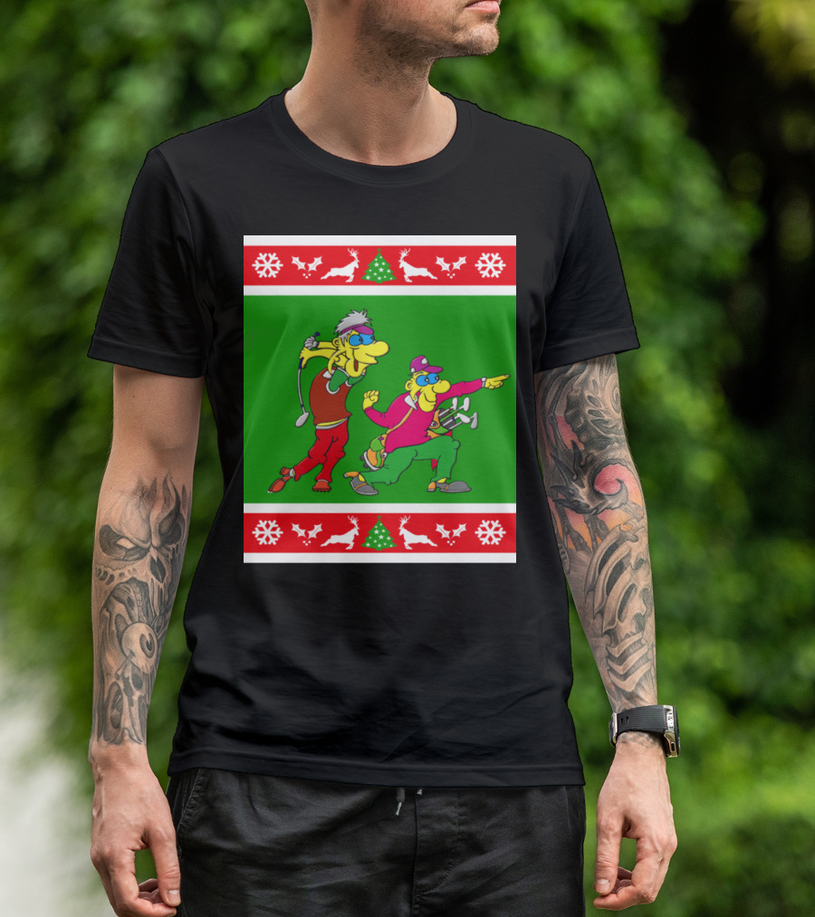 Golfer Present Ugly Christmas Golf Cartoons Snowflakes Reindeer Trees T-Shirt