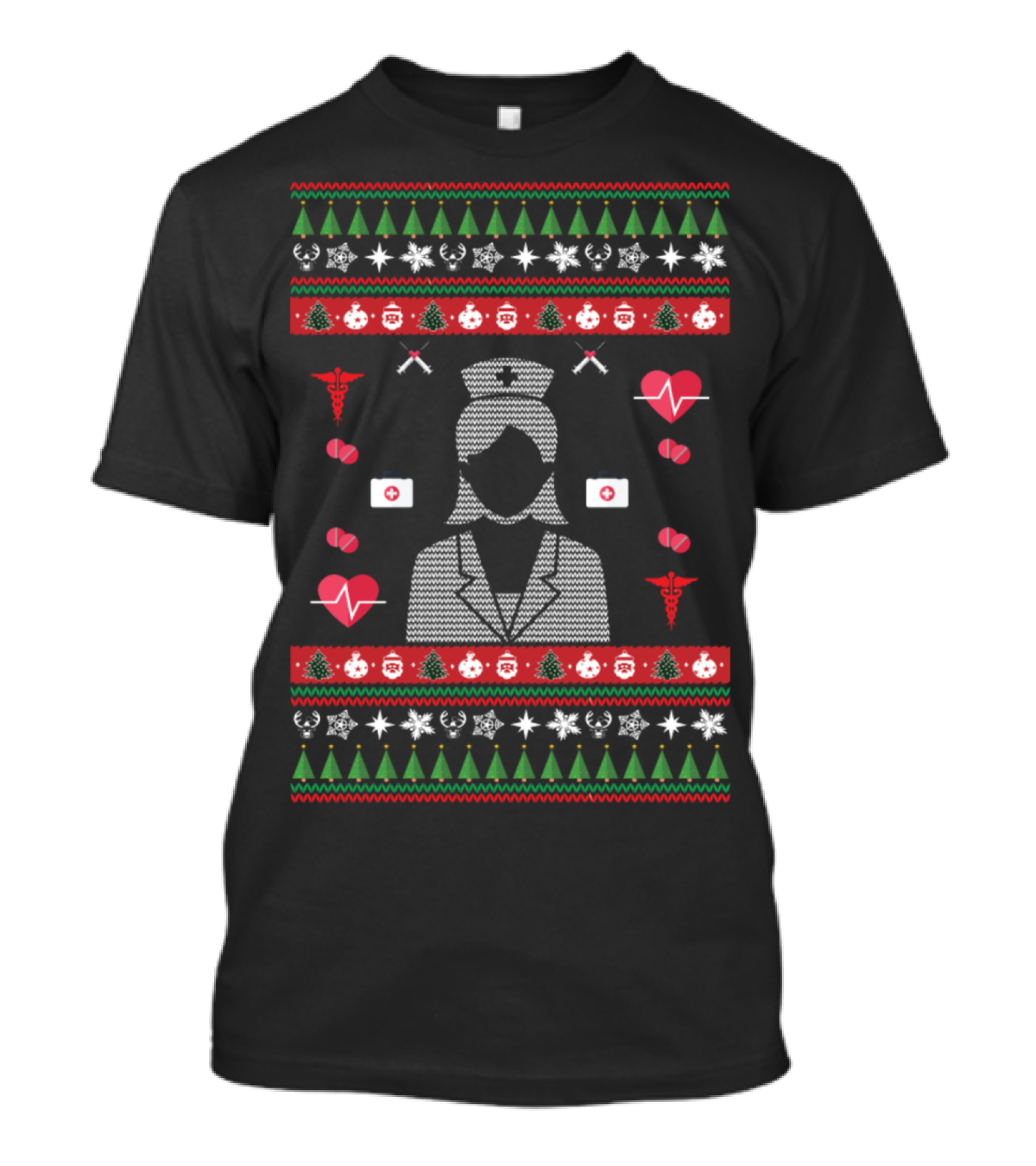 Christmas Nurse Ugly Sweater With Heart And Medical Symbols T-Shirt