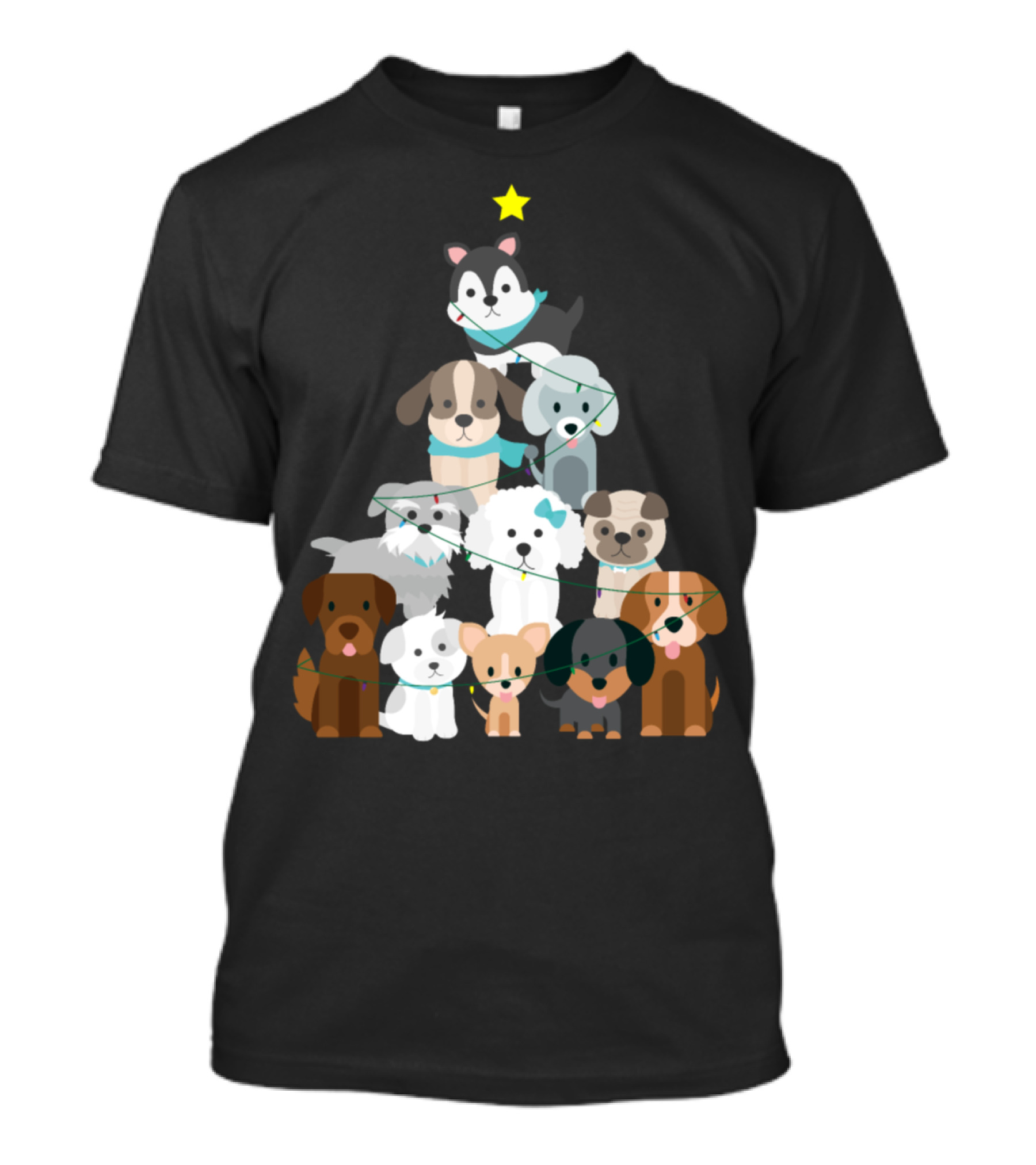 Christmas Tree Of Cute Dogs With Star And Lights T-Shirt