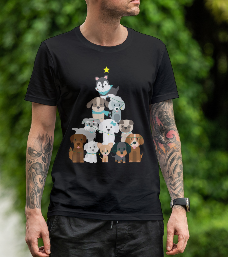 Christmas Tree Of Cute Dogs With Star And Lights T-Shirt