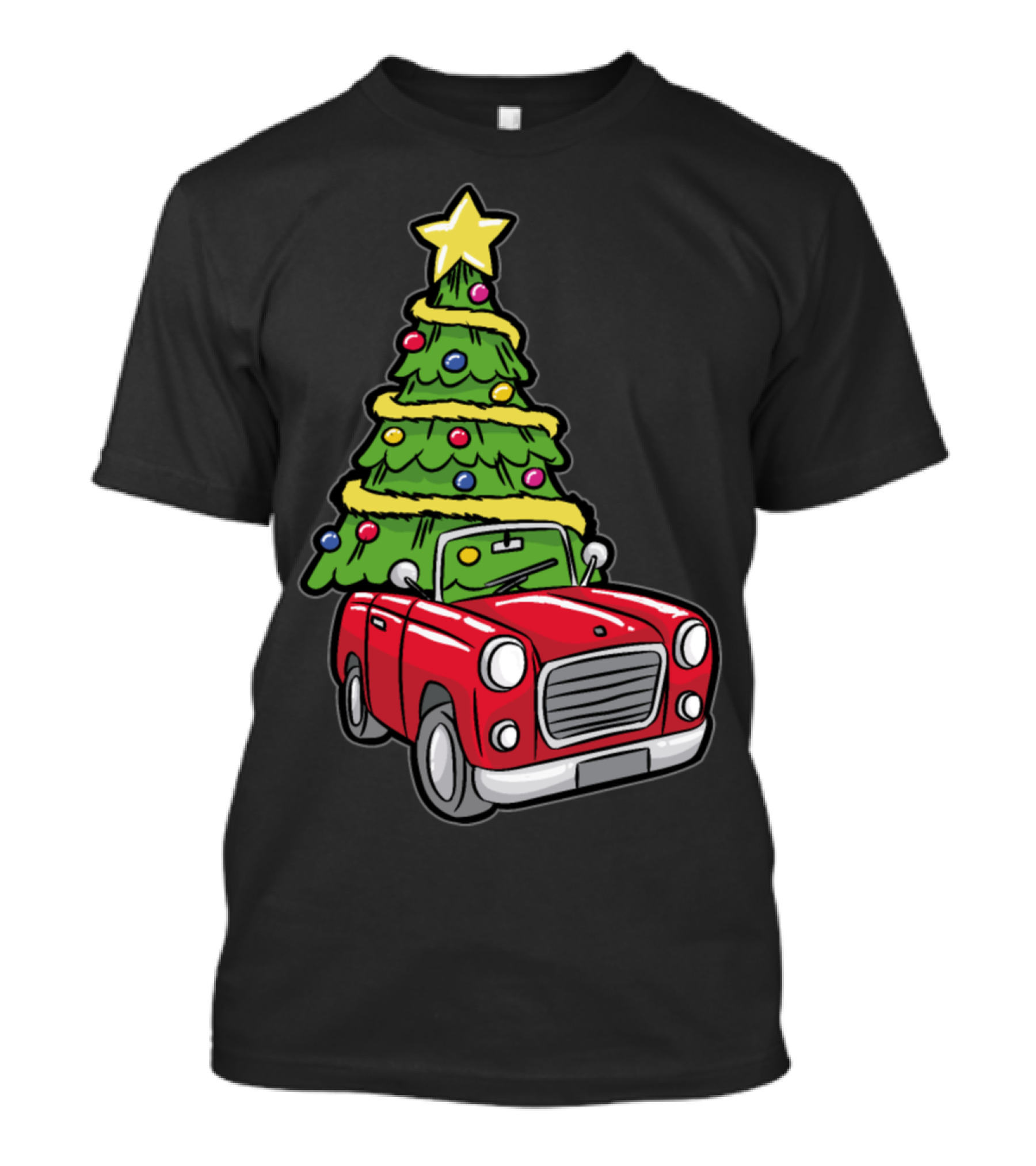 Christmas Tree On Red Car With Star And Ornaments T-Shirt