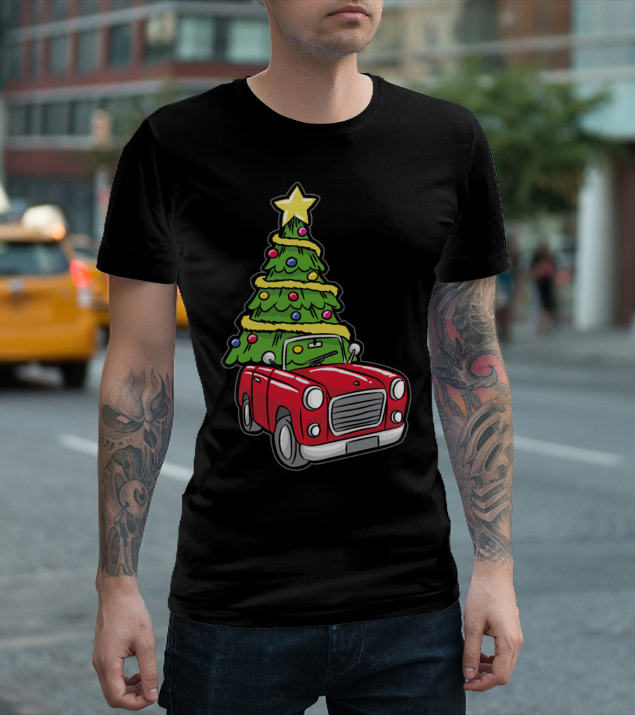 Christmas Tree On Red Car With Star And Ornaments T-Shirt