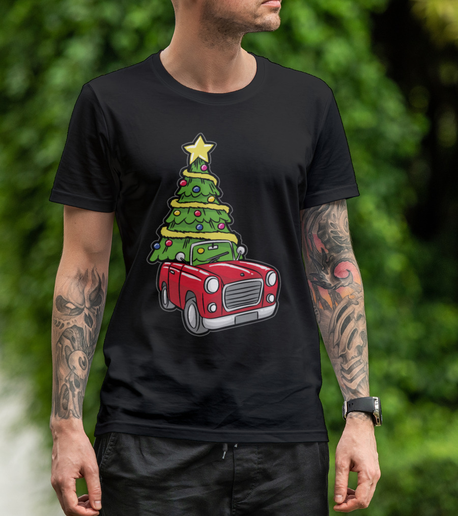 Christmas Tree On Red Car With Star And Ornaments T-Shirt