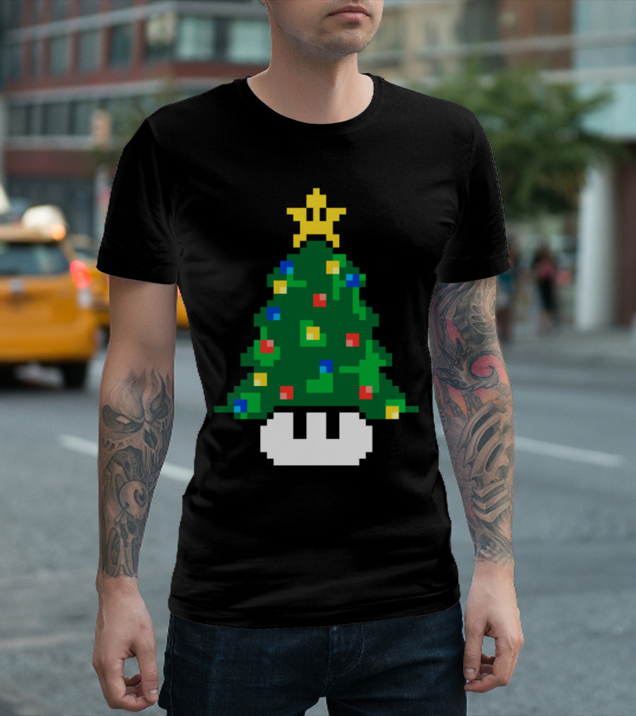 Christmas Tree Toad Pixel Art with Star Topper and Festive Lights T-Shirt
