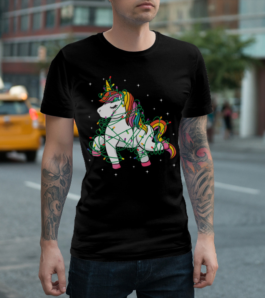 Christmas Tree Unicorn Wrapped in Colorful String Lights T-Shirt