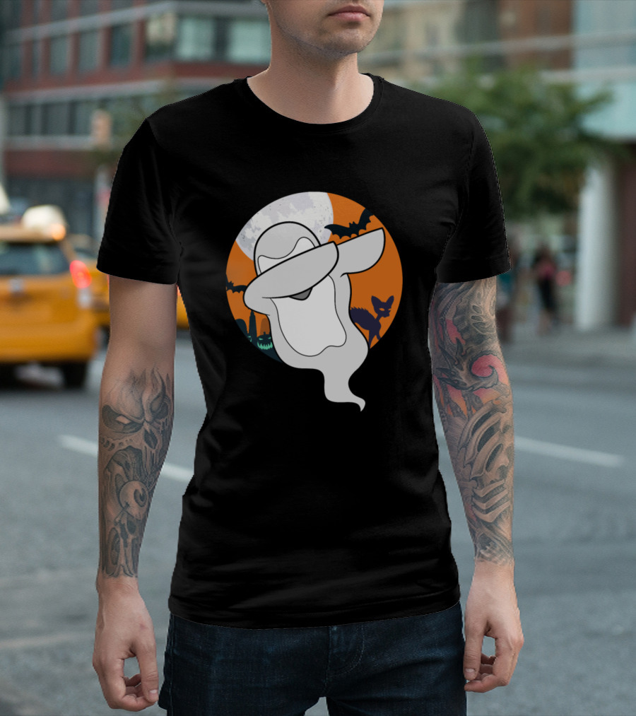 Dabbing Halloween Ghost with Full Moon and Bats T-Shirt
