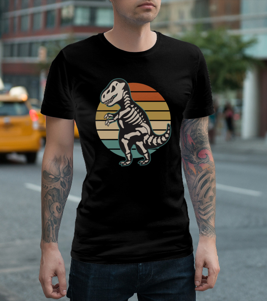 Retro Dinosaur Skeleton Sunset Vintage T-Shirt
