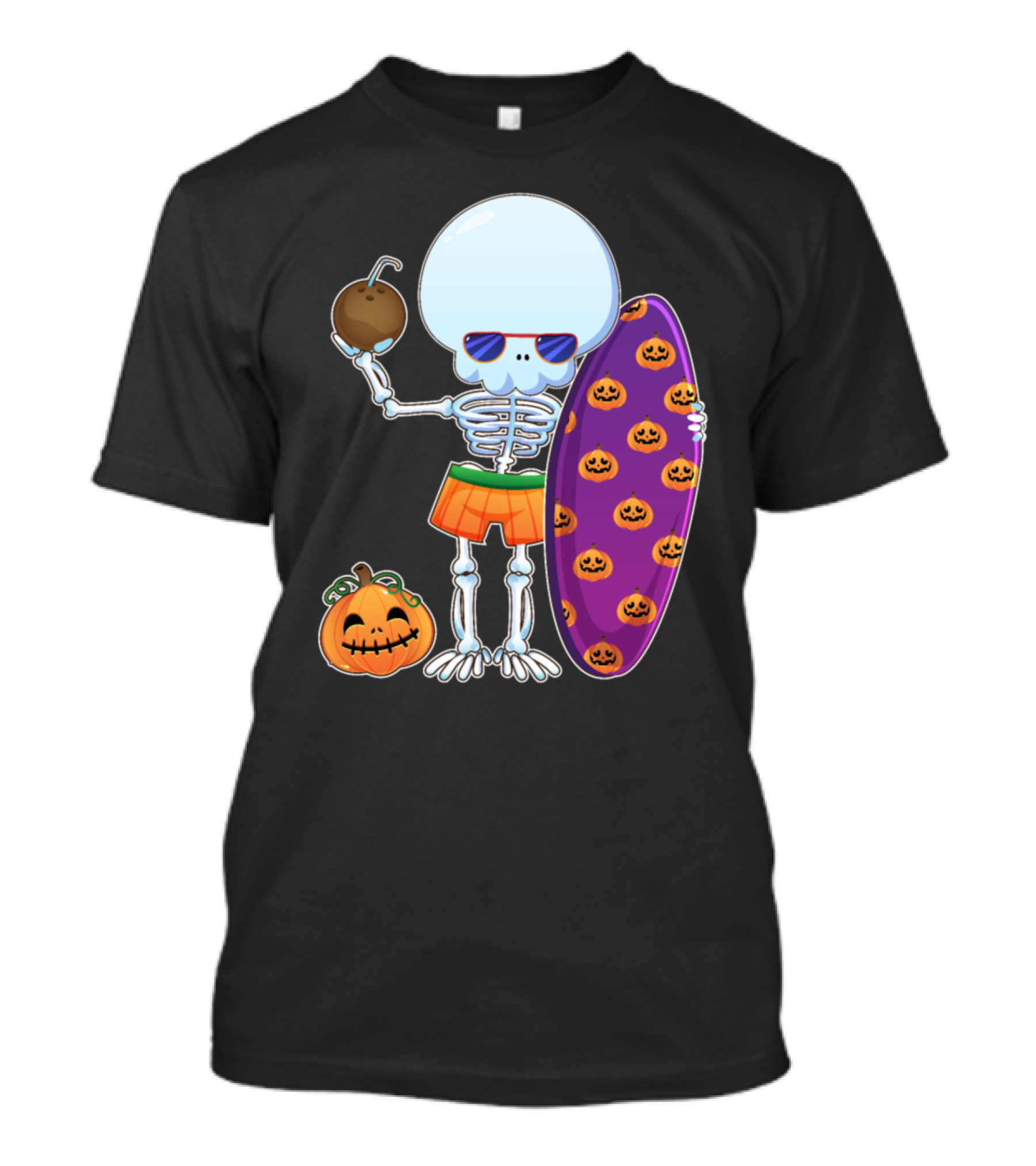 Funny Skeleton Surfing Halloween Pumpkins Hawaii T-Shirt