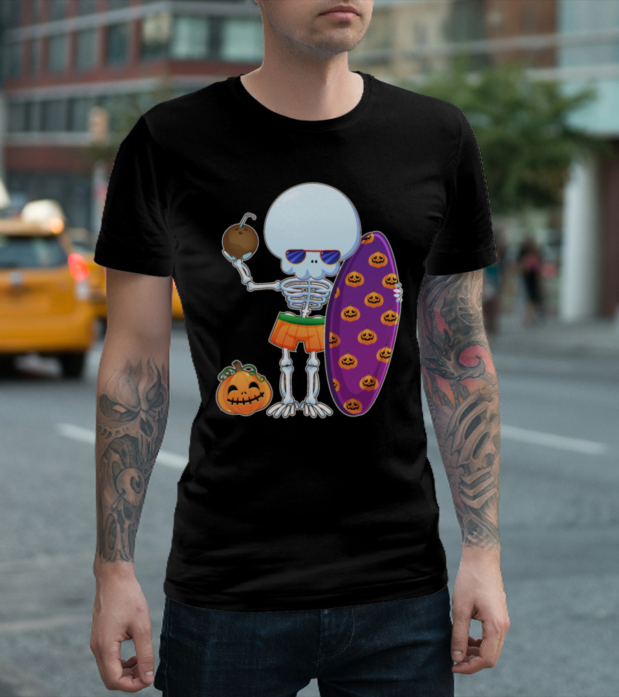 Funny Skeleton Surfing Halloween Pumpkins Hawaii T-Shirt