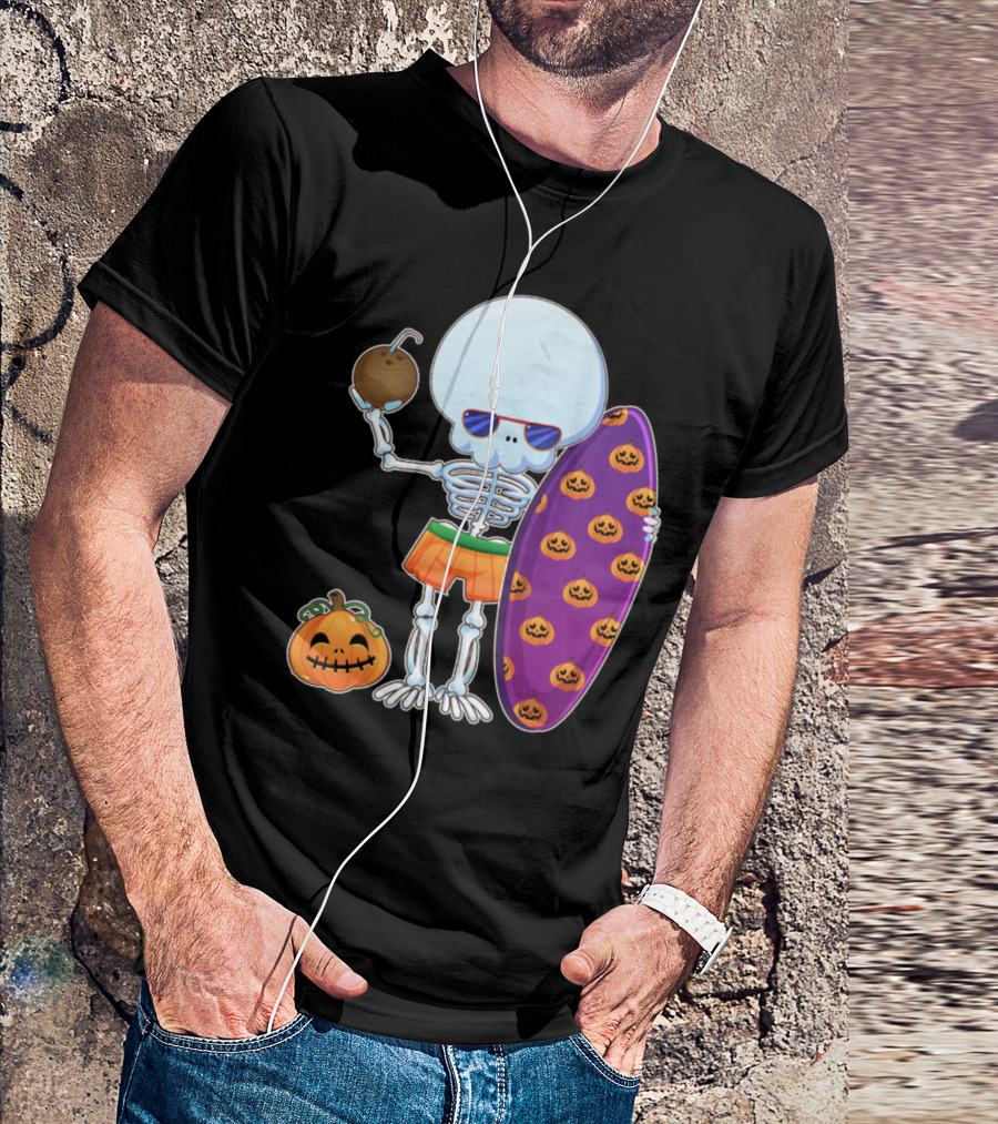 Funny Skeleton Surfing Halloween Pumpkins Hawaii T-Shirt