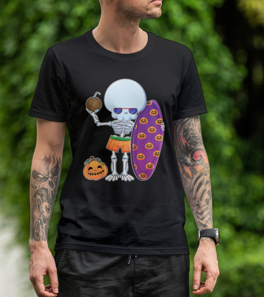Funny Skeleton Surfing Halloween Pumpkins Hawaii T-Shirt