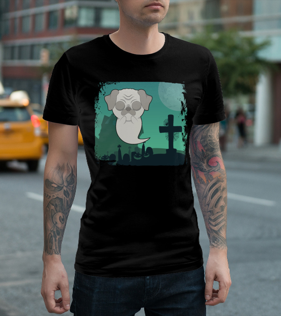 Halloween Animals Cute Ghost Dog Cemetery Scene T-Shirt