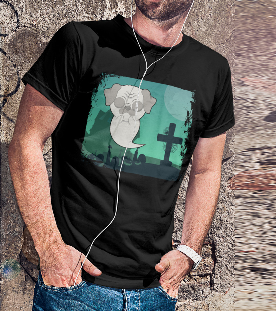 Halloween Animals Cute Ghost Dog Cemetery Scene T-Shirt