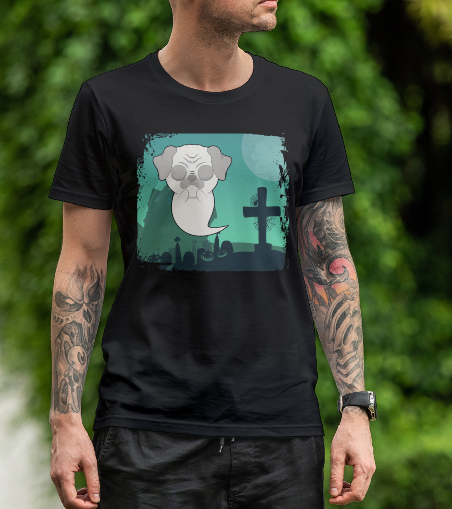 Halloween Animals Cute Ghost Dog Cemetery Scene T-Shirt