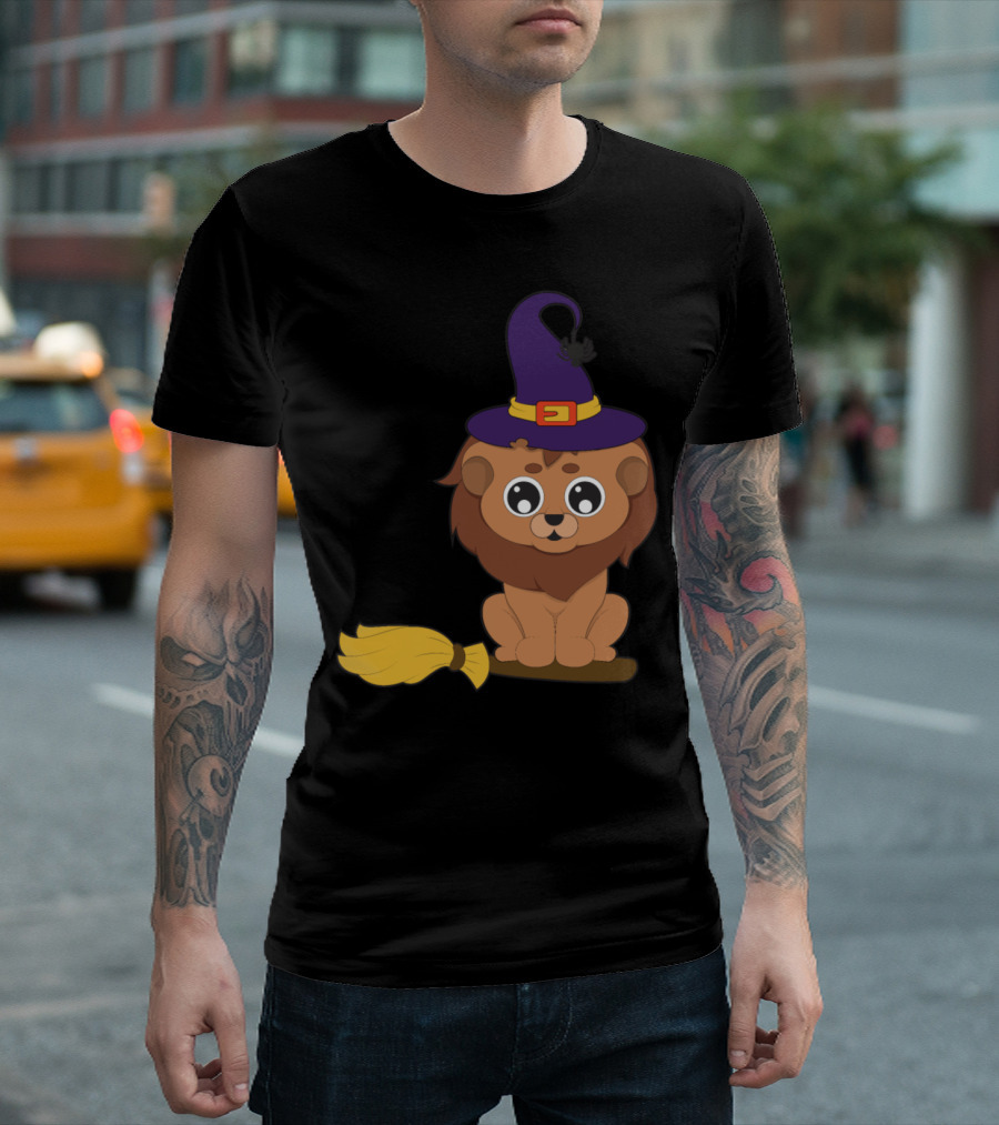 Lion Witch on Broom Halloween Animals T-Shirt