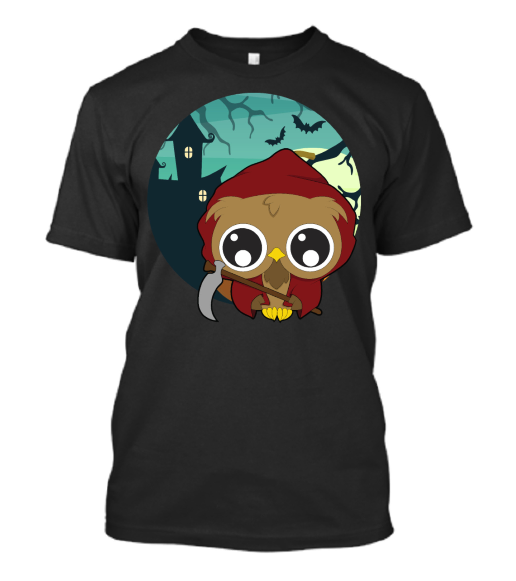 Halloween Owl With Scythe And Haunted House T-Shirt
