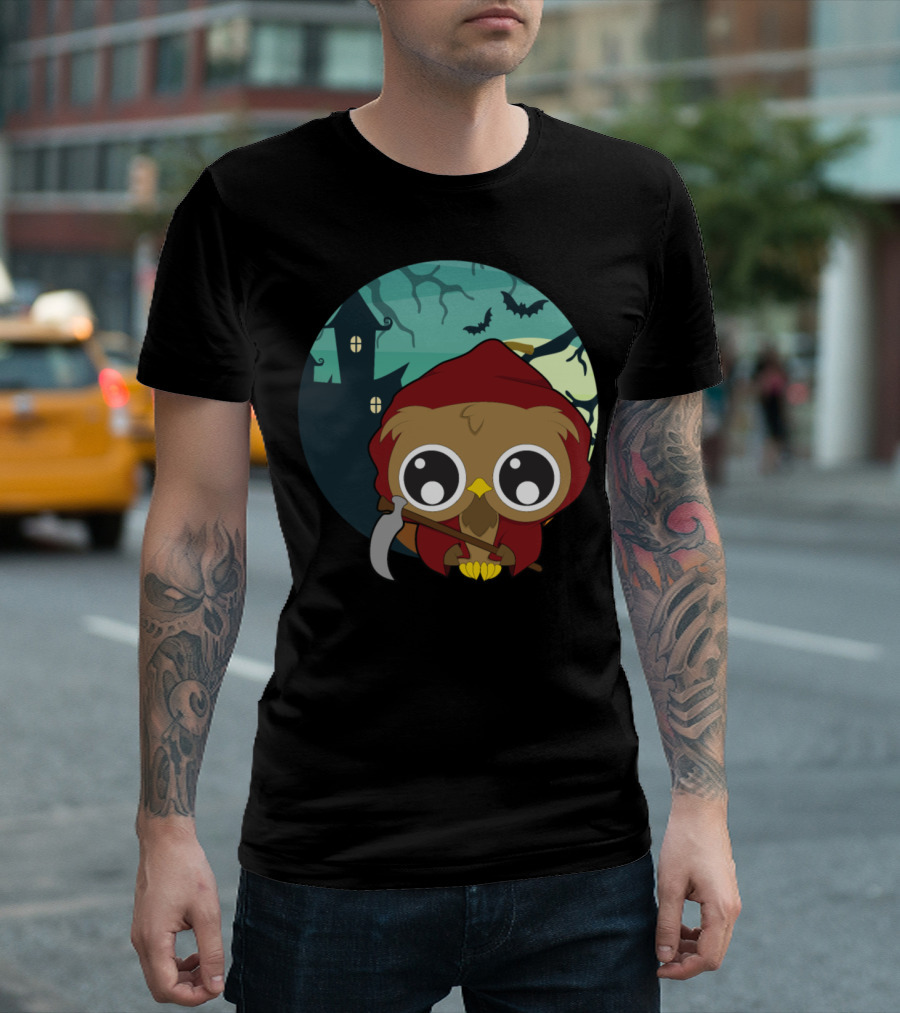 Halloween Owl With Scythe And Haunted House T-Shirt