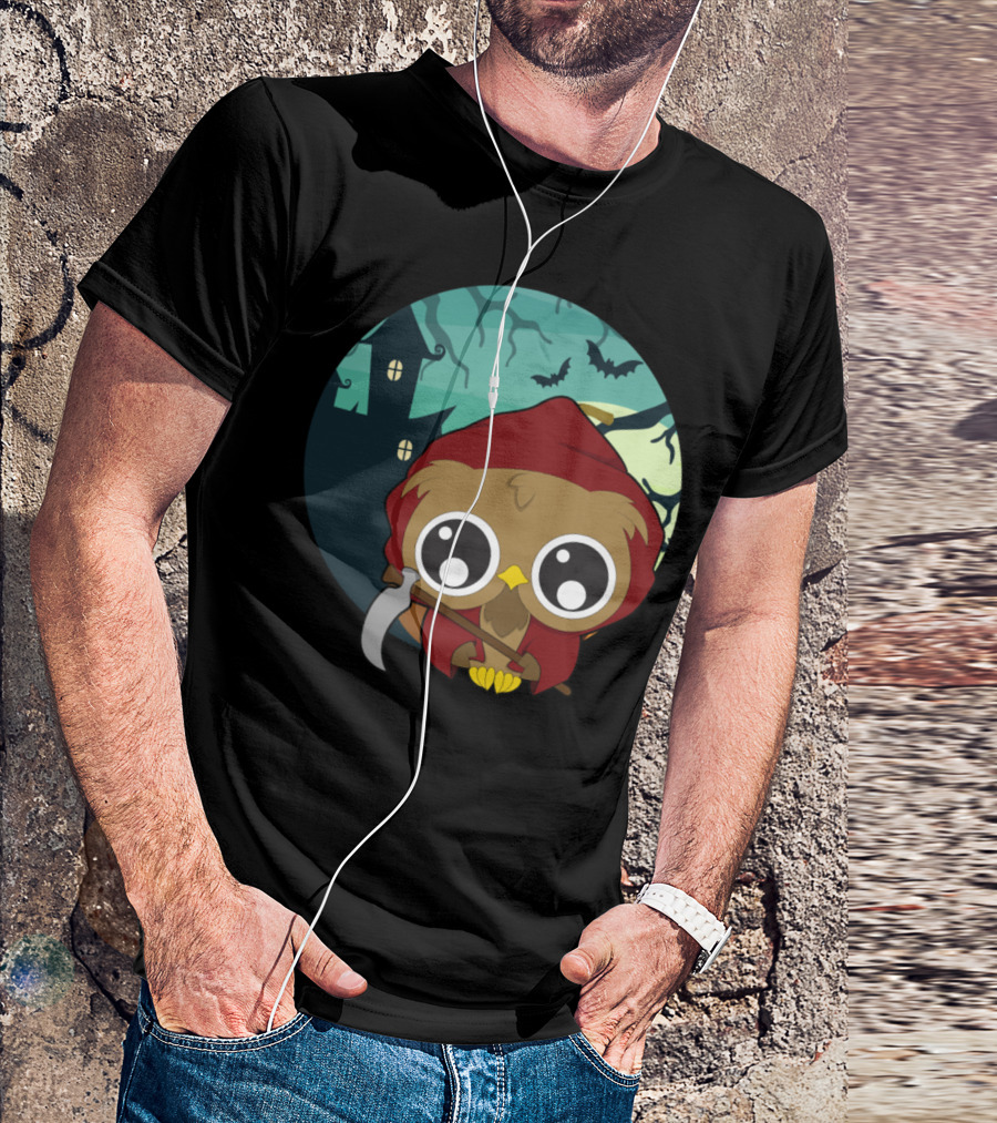 Halloween Owl With Scythe And Haunted House T-Shirt
