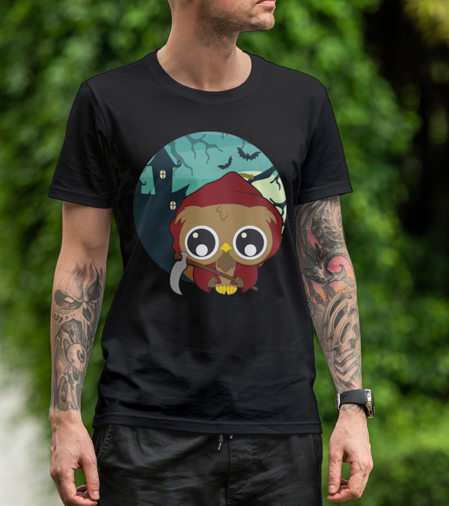 Halloween Owl With Scythe And Haunted House T-Shirt